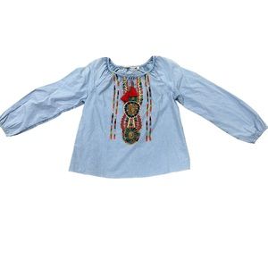 Soft Surroundings Size PS Embroidered Boho Tribal Beaded Tassel Top Blouse Blue
